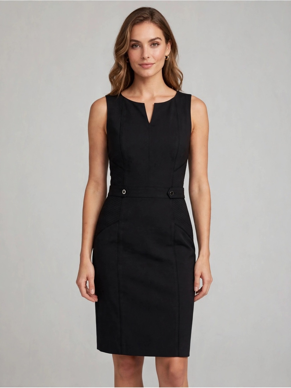 White House Black Market Blk Lux Stretch Notch-Neck Sheath Dress w Button Detail